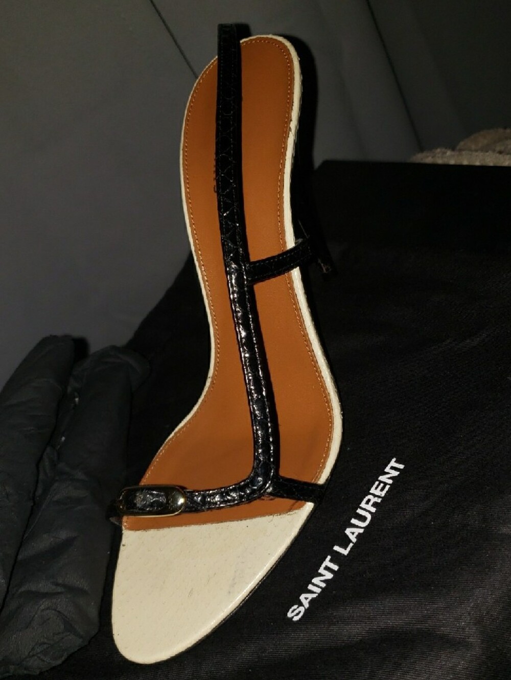 Saint Laurent Black Croc-Embossed Thong Sandals with Tan Footbed - Picture 2 of 5